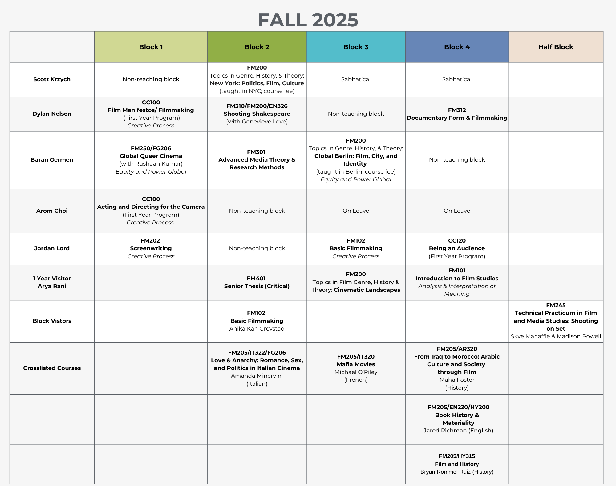 Listing of all Film and Media courses for Fall 2025